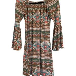 Honeyme Bohemian Aztec Patterned Bell‎ Sleeve Dress Size Small Cabincore